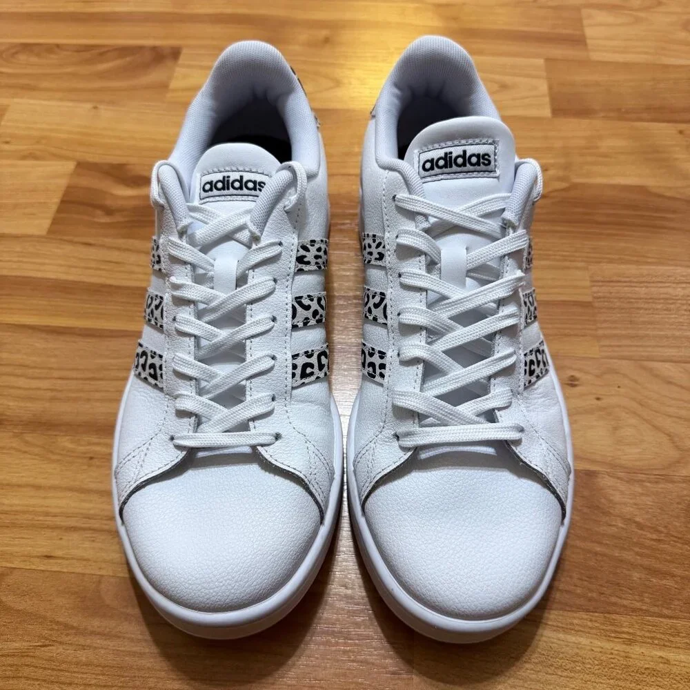 Adidas Womens 9.5 Grand Court White & Leopard Stripe Sneakers Shoes Excellent - Picture 5 of 12